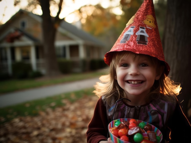 Kid in Halloween costume holding a bowl of candy with mischievous grin