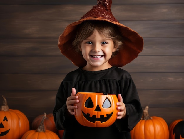 Photo kid in halloween costume holding a bowl of candy with mischievous grin