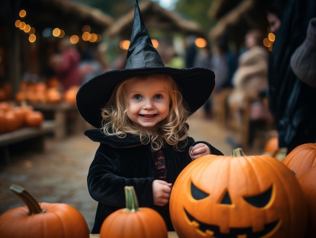 ハロウィーンの衣装を着た子供が遊び心のあるポーズをとっている