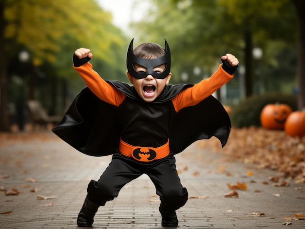 Kid in a Halloween costume with a playful pose