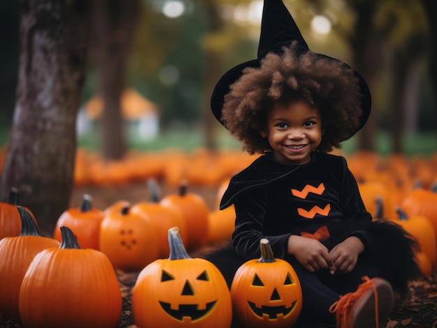 ハロウィーンの衣装を着た子供が遊び心のあるポーズをとっている