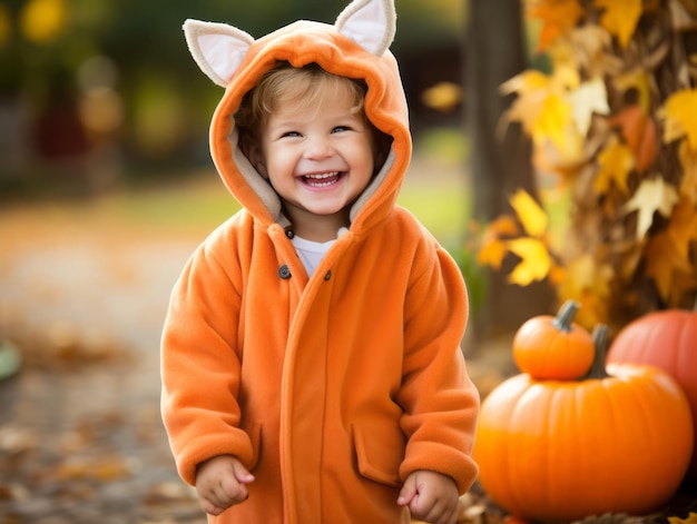 Kid in a Halloween costume with a playful pose