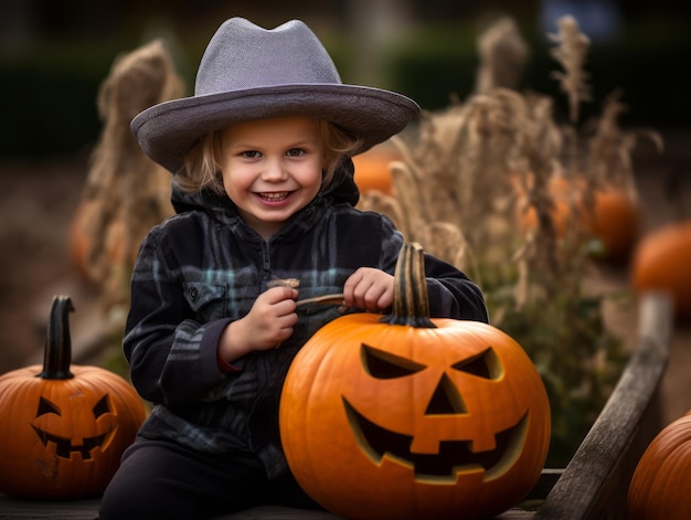 ハロウィーンの衣装を着た子供が遊び心のあるポーズをとっている