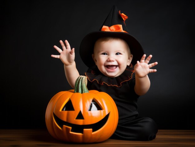 Kid in a Halloween costume with a playful pose