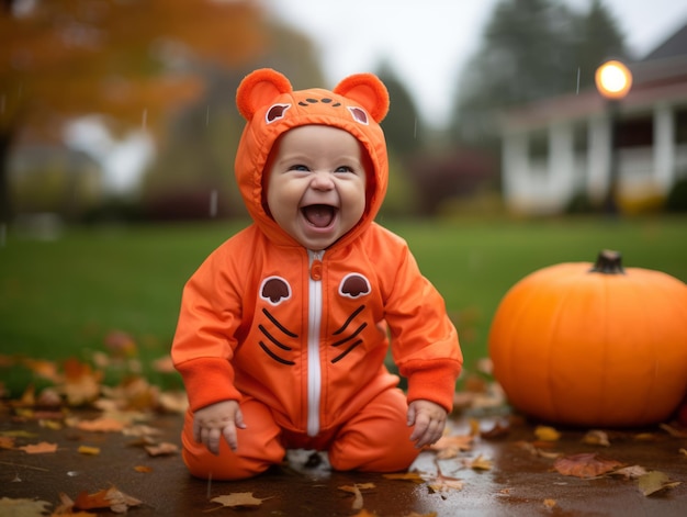 ハロウィーンの衣装を着た子供が遊び心のあるポーズをとっている