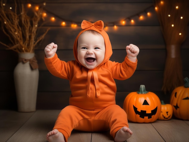 Kid in a Halloween costume with a playful pose