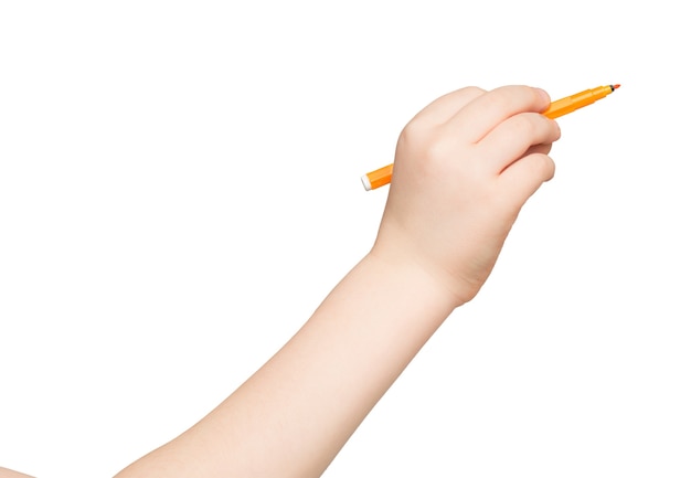 Kid hand holding felttip pen isolated on white