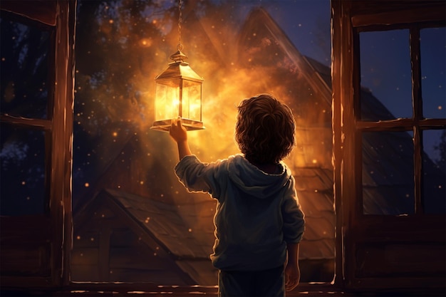 kid holding a lantern and looking at the starsdimensional
