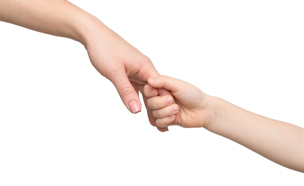 Kid holding mothers finger isolated on white