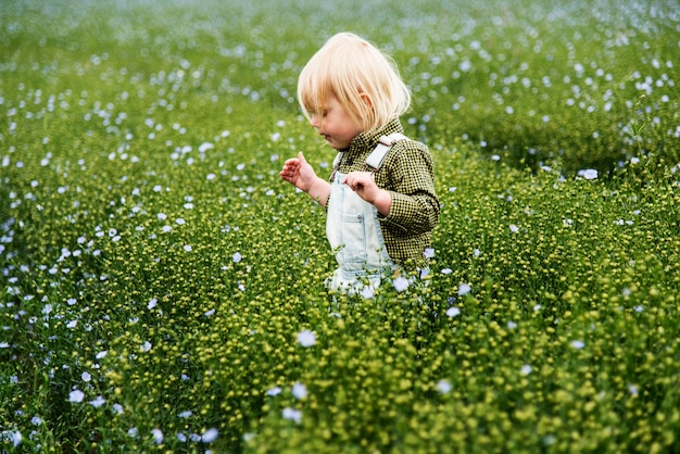 Kid in bloem veld