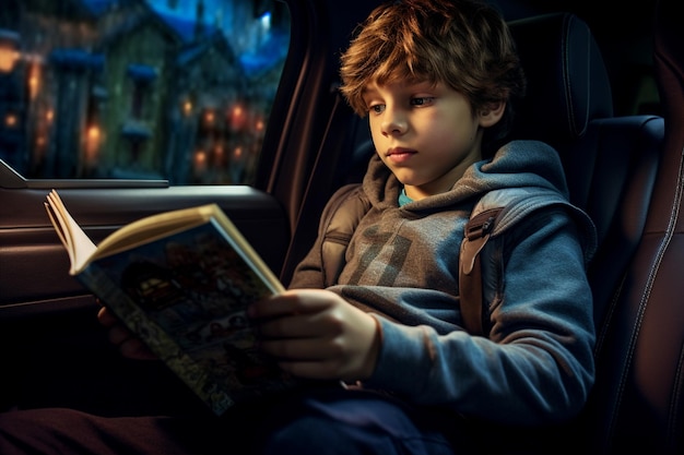 Фото Ребёнок читает книгу, сидя на заднем сиденье машины, созданной ии.