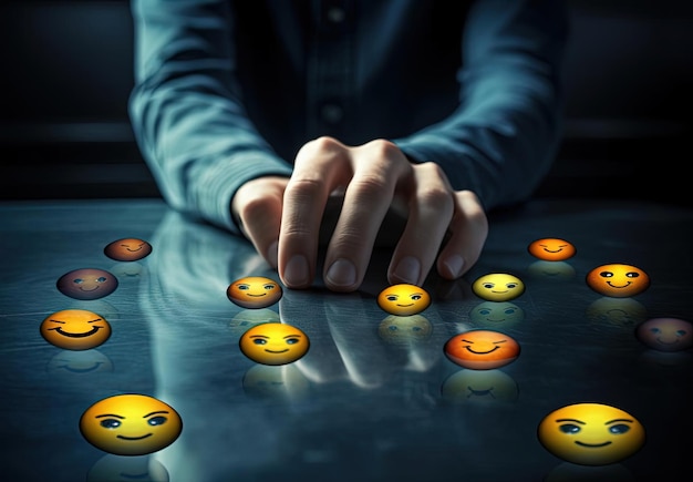 a kid is touching several smiley face buttons pointing to them in the style of strong emotional