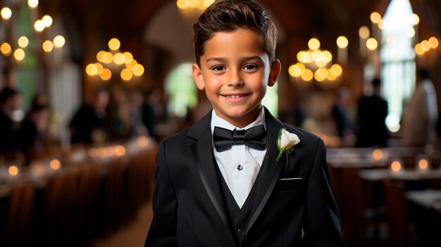 kid latino vestido elegante para asistir a una boda