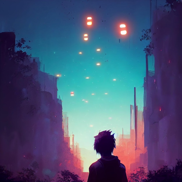 Kid looking fireflies on the sky