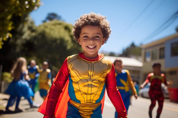 Kid in no name superhero costume helps to remove garbage from the streets a noble deed of a child