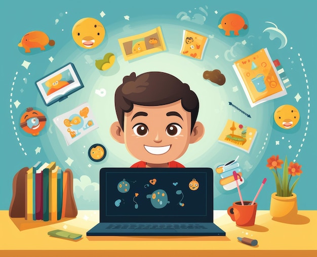 Kid online lessen HD 8K Vector illustratie behang Stock beeld