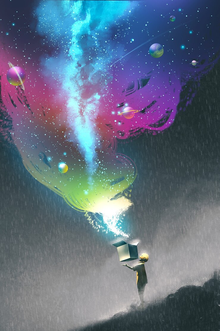 Photo the kid opening a fantasy box with colorful light and fantastic space,illustration painting