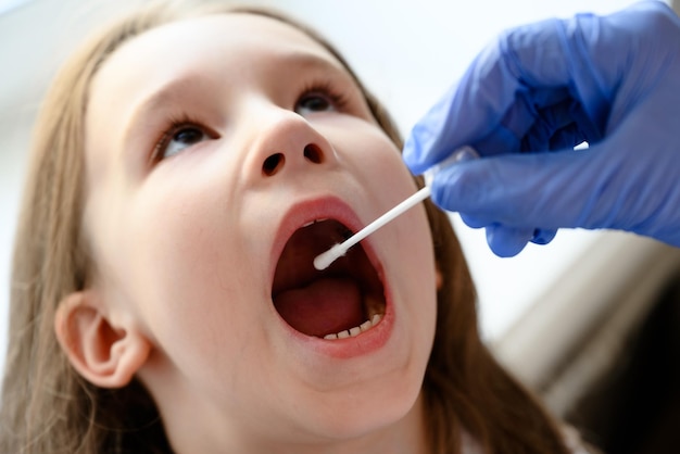 Kid opens mouth for COVID19 test doctor holds swab for saliva sample from cute child