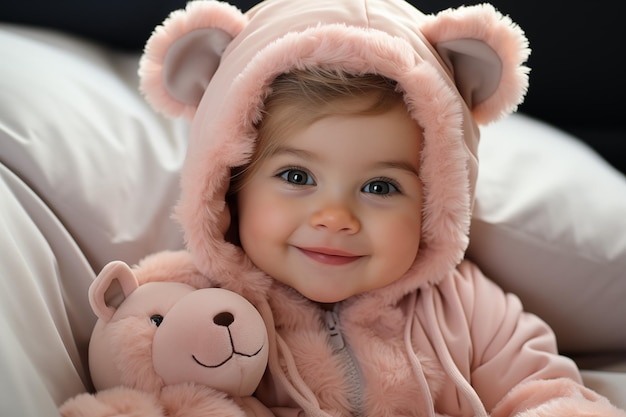 Photo a kid in a pink pig doll outfit on white living room background