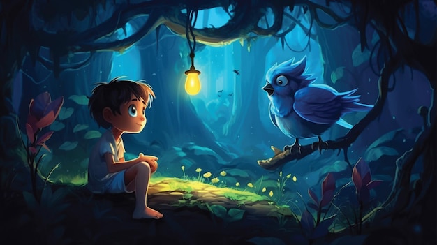 kid play with blue bird in forest