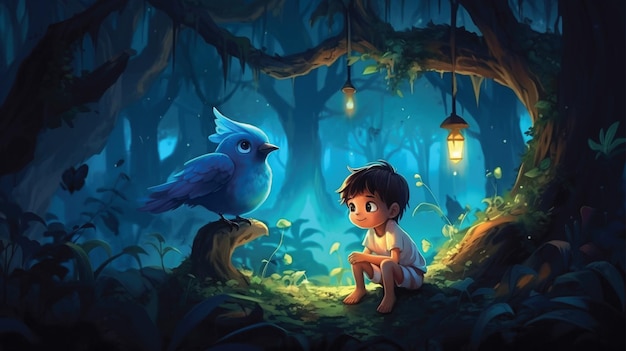 kid play with blue bird in forest