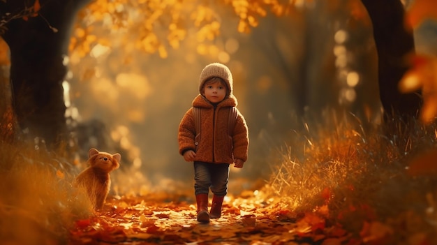 kid playing in the autumn