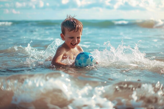 Kid playing with ball in the sea on summer vacation