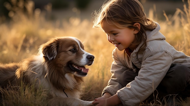 Kid playing with cute dog AI generated image