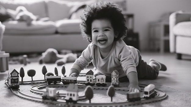 Photo kid playing with toy train