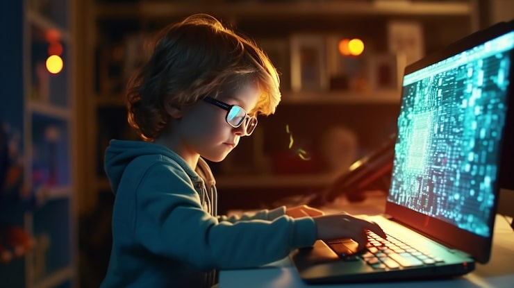 Photo kid programmer learn coding on computer tablet or phone child create code or program generative ai
