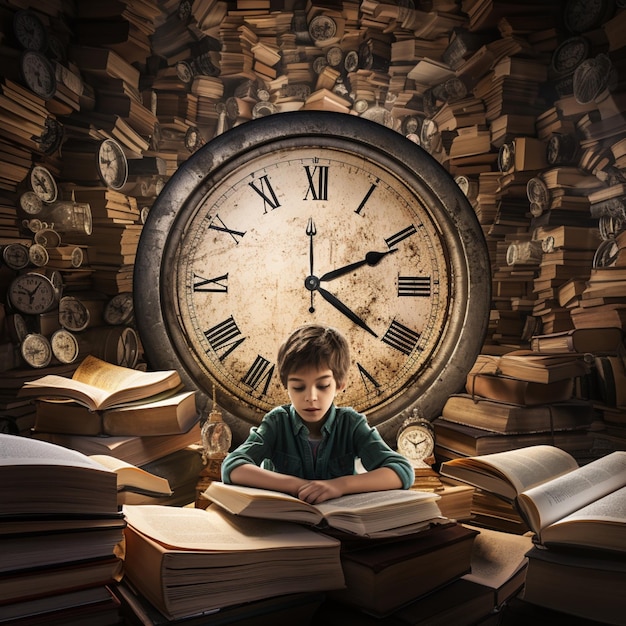 Photo a kid reading a book in the library clock in the background