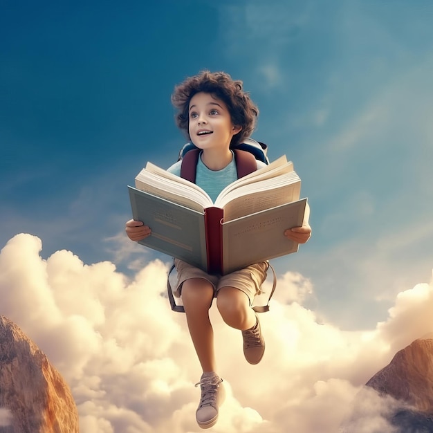 Kid Reading Book in the Sky