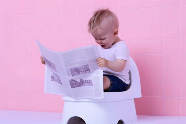 Ребёнок читает газету и ходит в туалет на горшке.