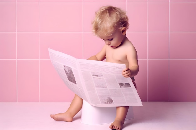 Kid reading newspaper and toileting on the pot