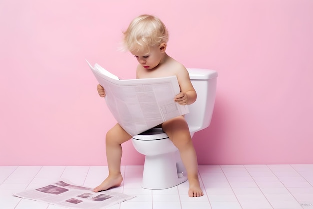 Kid reading newspaper and toileting