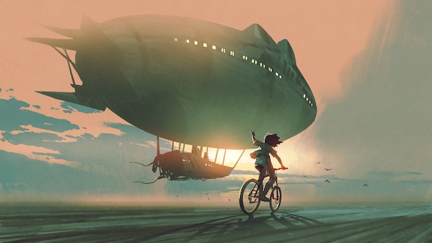 写真 子供は日没時に飛行船に別れを告げる自転車に乗る、デジタルアートスタイル、イラスト絵画