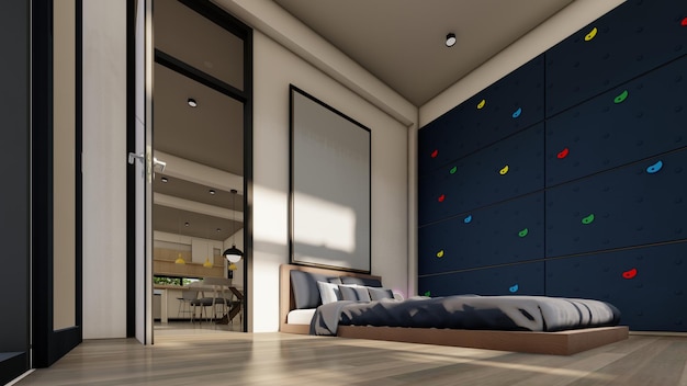 kid room with climbing wall and Mock up poster frame 3d illustration