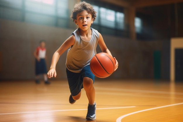 체육관 에서 어린이 들 의 농구 경기