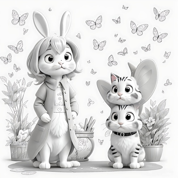 The kid's coloring book bunny cartoon thick lines black and white background