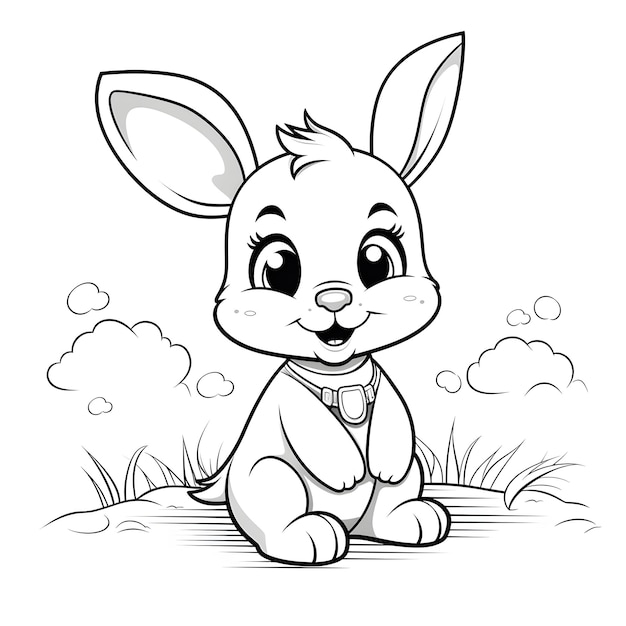 Kid's coloring book bunny cartoon thick lines black and white white background