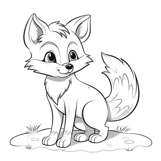 Kid's coloring book fox cartoon thick lines black and white white background