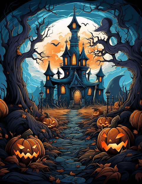 kid's illustration book cover spooky Halloween scene with ghosts