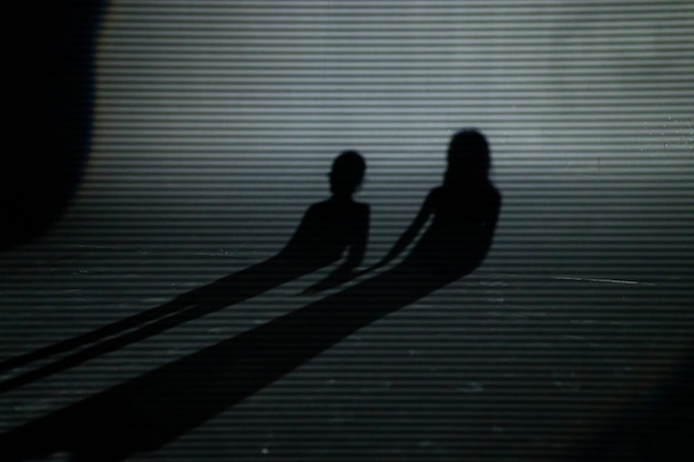 Kid's shadows on wall shadow of two children boy and girl on striped gray black white wall child brother and sister friends play together run hold hands video studio with counter light