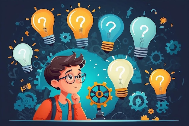 Kid searches idea process Boy solves challenge student child in thinking process question mark gears