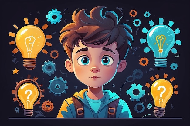 Kid searches idea process Boy solves challenge student child in thinking process question mark gears