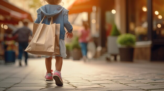 Kid and shopping bag in the pedestrian street