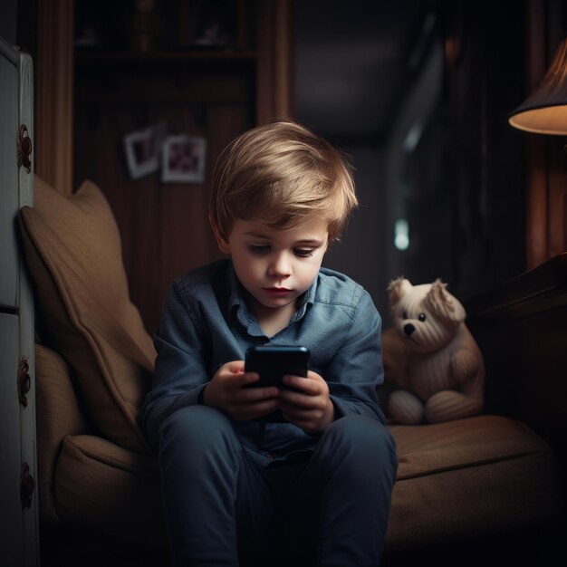 Photo a kid sitting alone with a smartphone playing a game