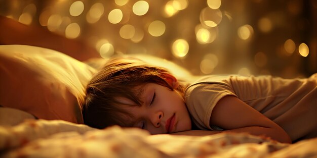 Photo kid sleeping in cozy bed and dreaming generative ai