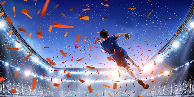Kid on a soccer stadium celebrating victory. Mixed media