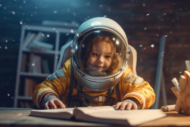 Photo kid in spacesuit helmet floating through classroom studying astrology beautiful generative ai aig32